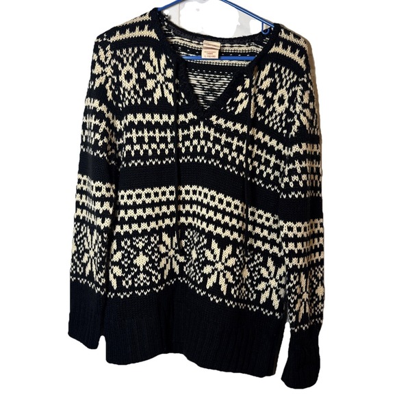 Faded Glory Sweaters - Faded Glory Sweater Womens L Black White Fair Isle Nordic Lace Up Knit Pullover